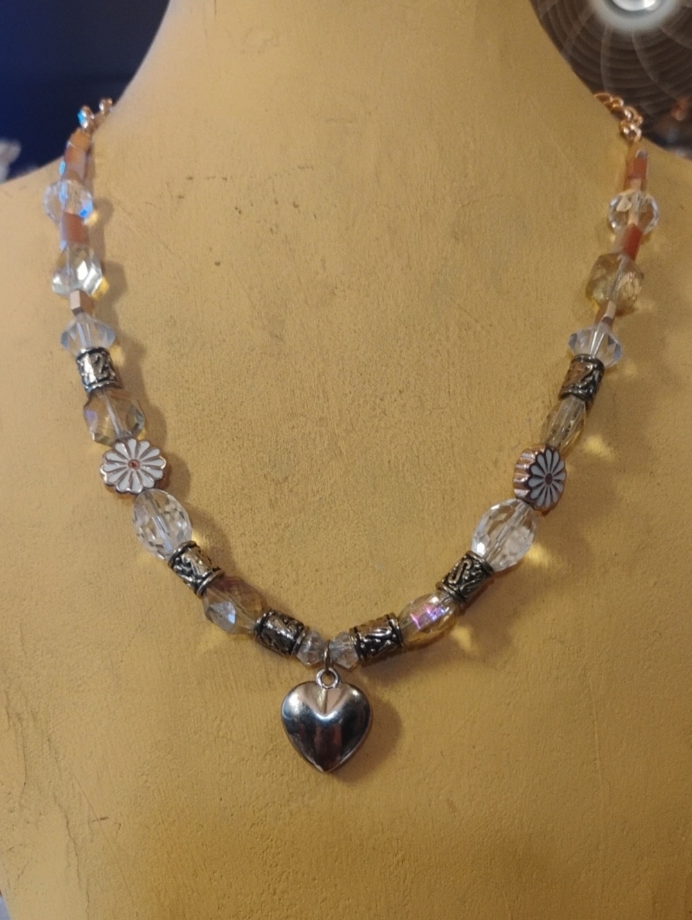 Handmade Gold and Glass Beaded Necklace with Heart Pendant and Floral Accents